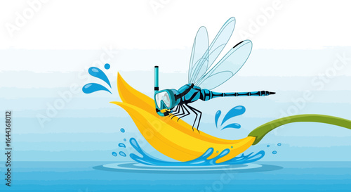Dragonfly enjoying water sports wearing swimming equipment on a banana boat vector illustration for summer vacation fun and adventure