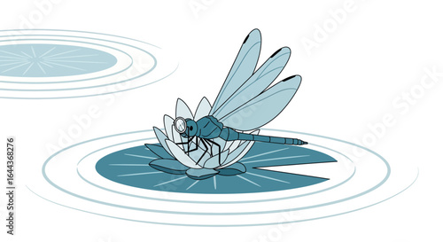 Dragonfly resting on a water lily pad surrounded by water ripples illustration