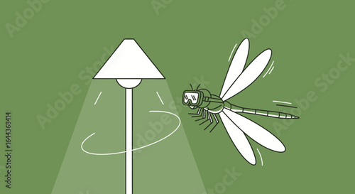 Dragonfly Wearing Vr Headset Flying Around A Light Post At Night