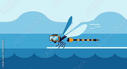 Dragonfly wearing scuba diving goggles flying over water playful and creative illustration