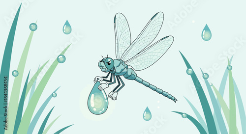 Dragonfly With Water Drop Amidst Dewy Grass In Calm Aquatic Setting