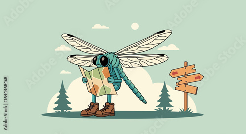 Dragonfly's Outdoor Adventure Navigating Trails with a Map And Signpost