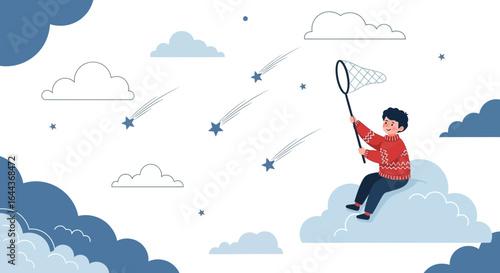 Dream Catcher Boy Illustration: A whimsical scene of a child catching stars from a cloud creating a magical and dreamy atmosphere