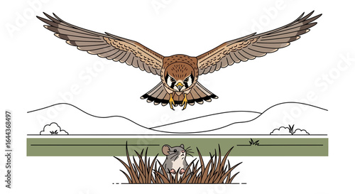 Dramatic illustration of an eagle swooping down towards a small mouse in the field creating a sense of tension and anticipation