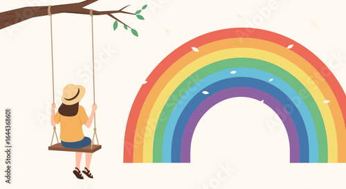 Dreamy afternoon scene of a girl on a swing with a rainbow background illustration