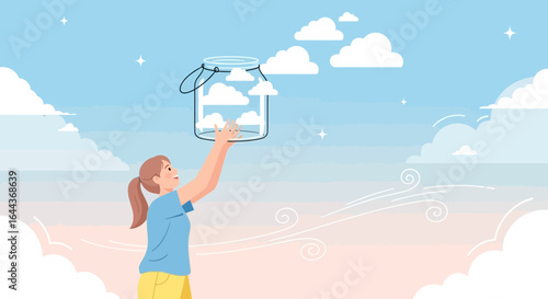 Dreamy aspiration: Woman releasing clouds from jar into expansive sky illustration