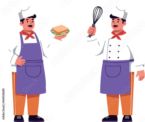 Male chef characters wearing purple aprons holding sandwich and whisk cooking vector illustration 