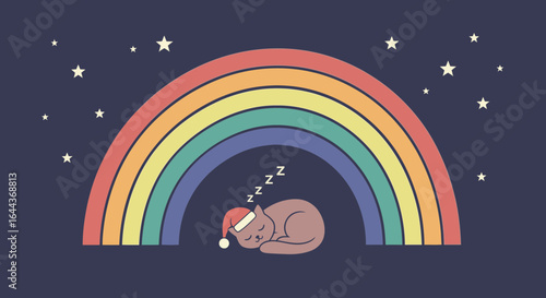 Dreamy Cat Nap Under a Rainbow Sky, Wearing a Santa Hat, Surrounded by Stars