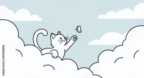 Dreamy cat reaching for a butterfly, surrounded by fluffy clouds and soft sky creates joyful whimsical atmosphere