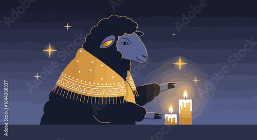 Enchanting illustration of a sheep with a festive shawl gazing at candlelight under a starlit sky