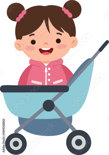 Happy little girl sitting in blue baby stroller vector illustration smiling cheerful 