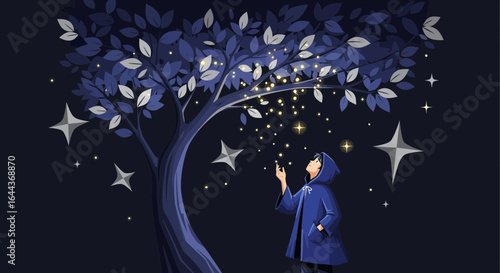 Enchanting Illustration of a Person Gazing at a Magical Starry Tree at Night