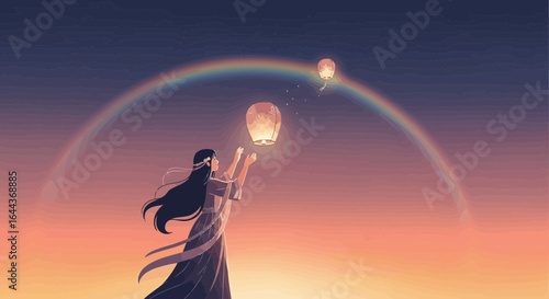 Enchanting illustration of a woman releasing sky lanterns under a rainbow dusk backdrop