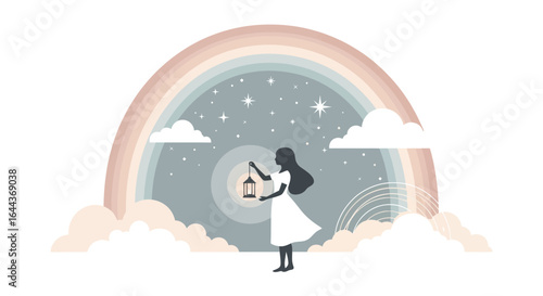 Enchanting pastel rainbow scene with a girl holding a lantern under a starry sky