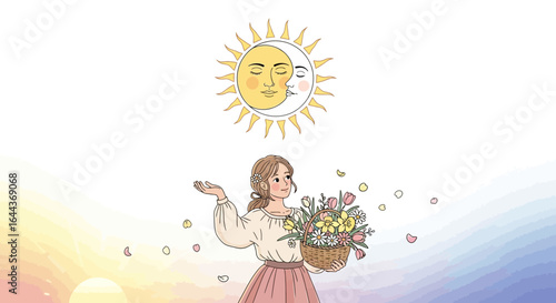 Dreamy floral maiden beneath celestial sun and moon creating a whimsical scene