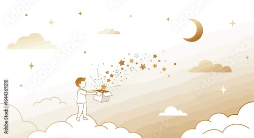 Dreamy Illustration of a Boy Opening a Box of Stars on Cloud Nine Minimalist style