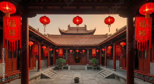 Traditional Chinese Courtyard with Red Lanterns and Ornate Architecture