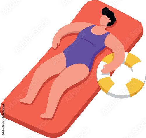 Woman Relaxing on Red Air Mattress with Yellow Lifebuoy Vector Illustration 