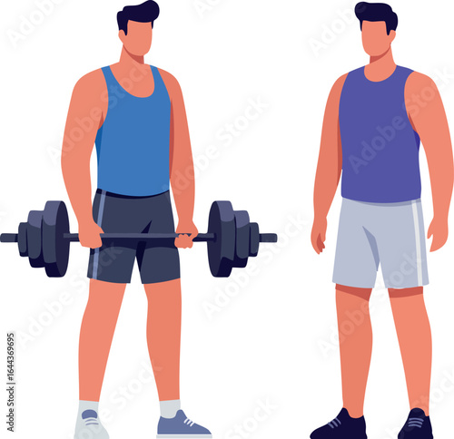 Two athletic men training with barbell and coaching in gym workout session vector illustration 