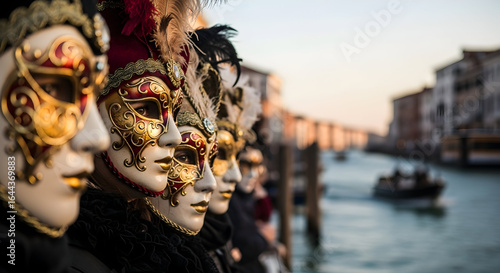 People in Intricate Venetian Carnival Masks with Grand Canal Background