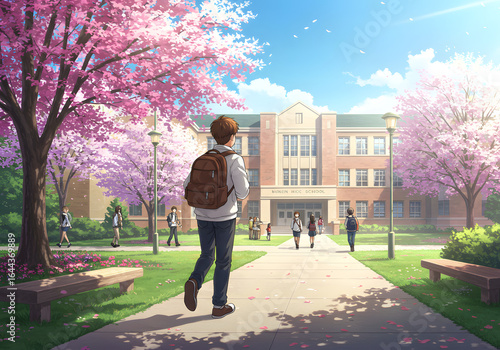 High School Male Student Walking to School — Character Illustration PNG & Background Scene