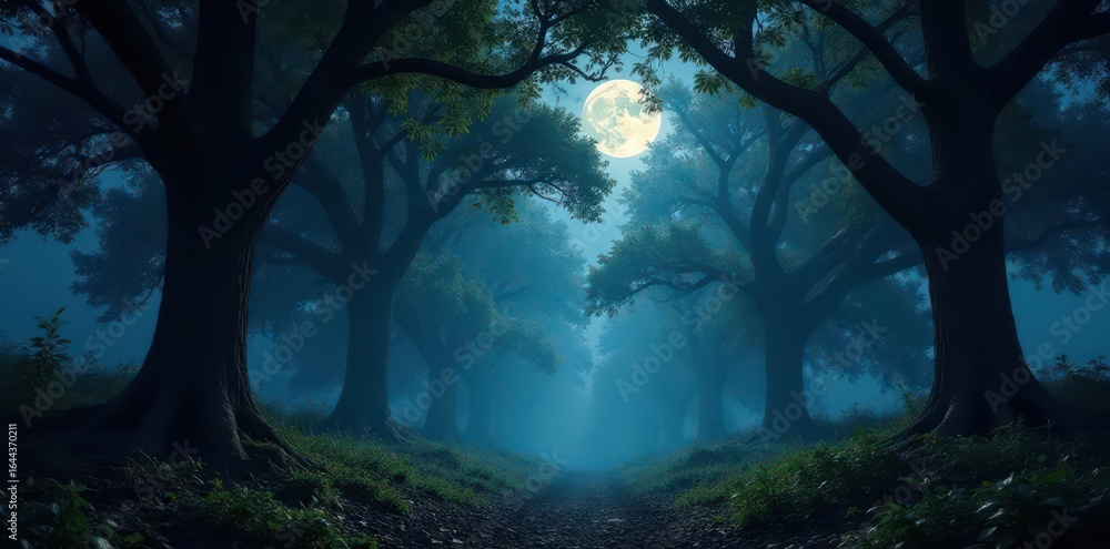 Fototapeta premium Deep shadows shroud ancient trees, moonlight filtering through dense canopy , deep, woodland, dark