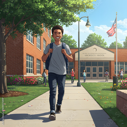 High School Male Student Walking to School — Character Illustration PNG & Background Scene