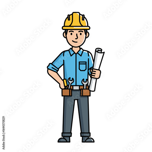 Construction Worker, Engineer, Architect, Blueprint, Tools Illustration