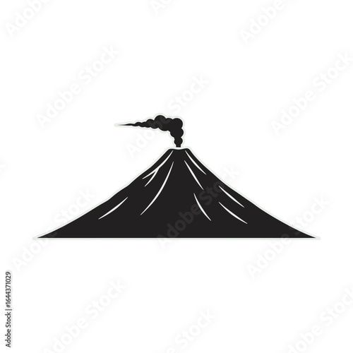 A simple black and white graphic icon of a smoking volcano erupting with a plume of ash.