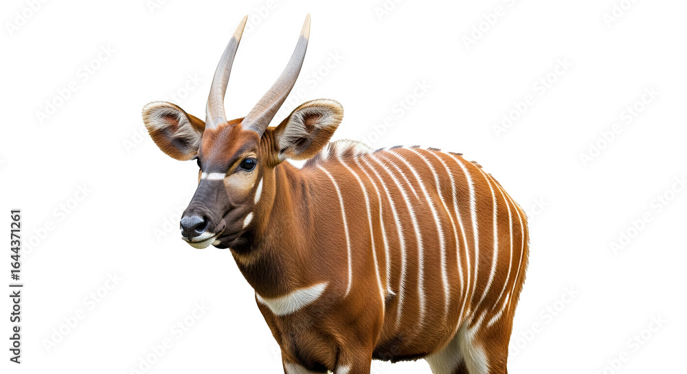 Fototapeta premium A close up of a bongo with its brown and white striped coat and long horns against a black background
