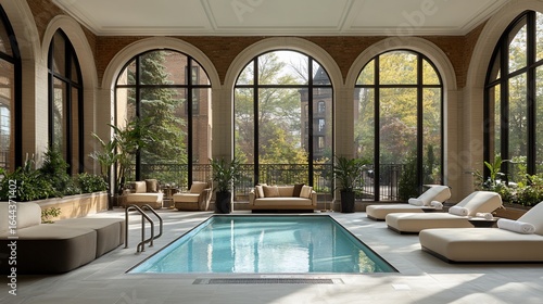 Sun-drenched indoor pool with arched windows
