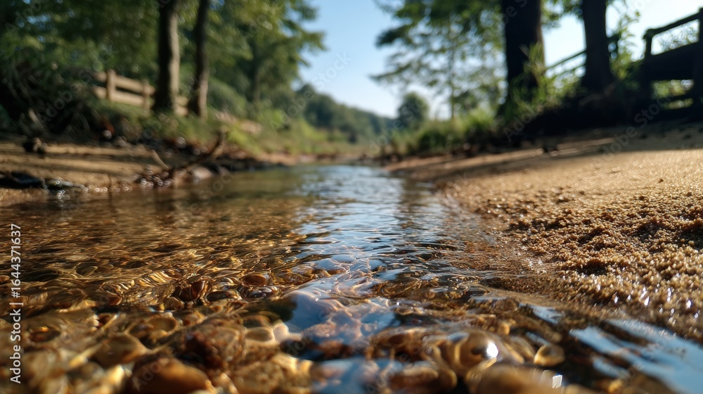 Fototapeta premium Serene shallow stream flowing through a lush green forest with clear water and pebbled banks under bright sunlight in a tranquil natural outdoor landscape scene