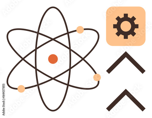 Atomic structure with orbiting particles next to a gear and upward arrows. Ideal for science, technology, innovation, progress, growth, strategy, mechanics. Clean and simple flat metaphor
