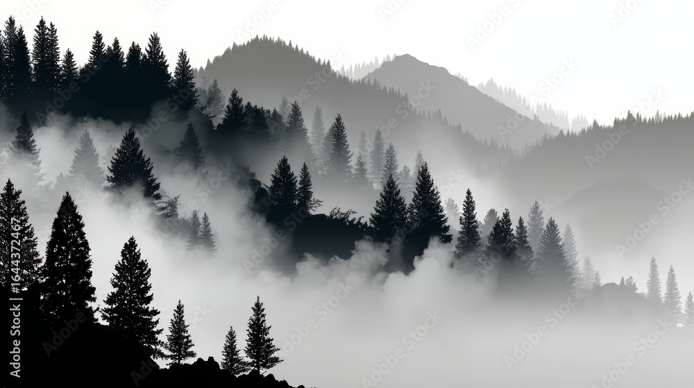 Obraz premium Mountain range covered in trees with a foggy mist. The trees are silhouetted against the sky