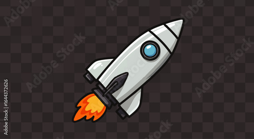 A sleek, light grey cartoon rocket ship with a blue window, launching into space with a fiery orange exhaust.