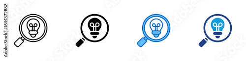 Idea Search Multi Style Icon Sheet Vector Design - Magnifying glass over lightbulb, representing idea discovery, creativity analysis, or research