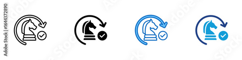 Smart Strategy Multi Style Icon Sheet Vector Design - Chess knight with circular arrow and check mark, representing strategic decision-making and validated plans
