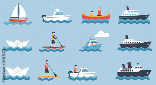 Collection of Various Types of Watercraft Sailing on the Ocean Waves in an Artistic Flat Design Style Representing Aquatic Transportation and Recreation Activities