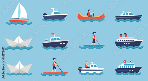 A Collection of Watercraft and Aquatic Activities Showcasing Diverse Vessels and Water Sports in a Nautical Themed Composition