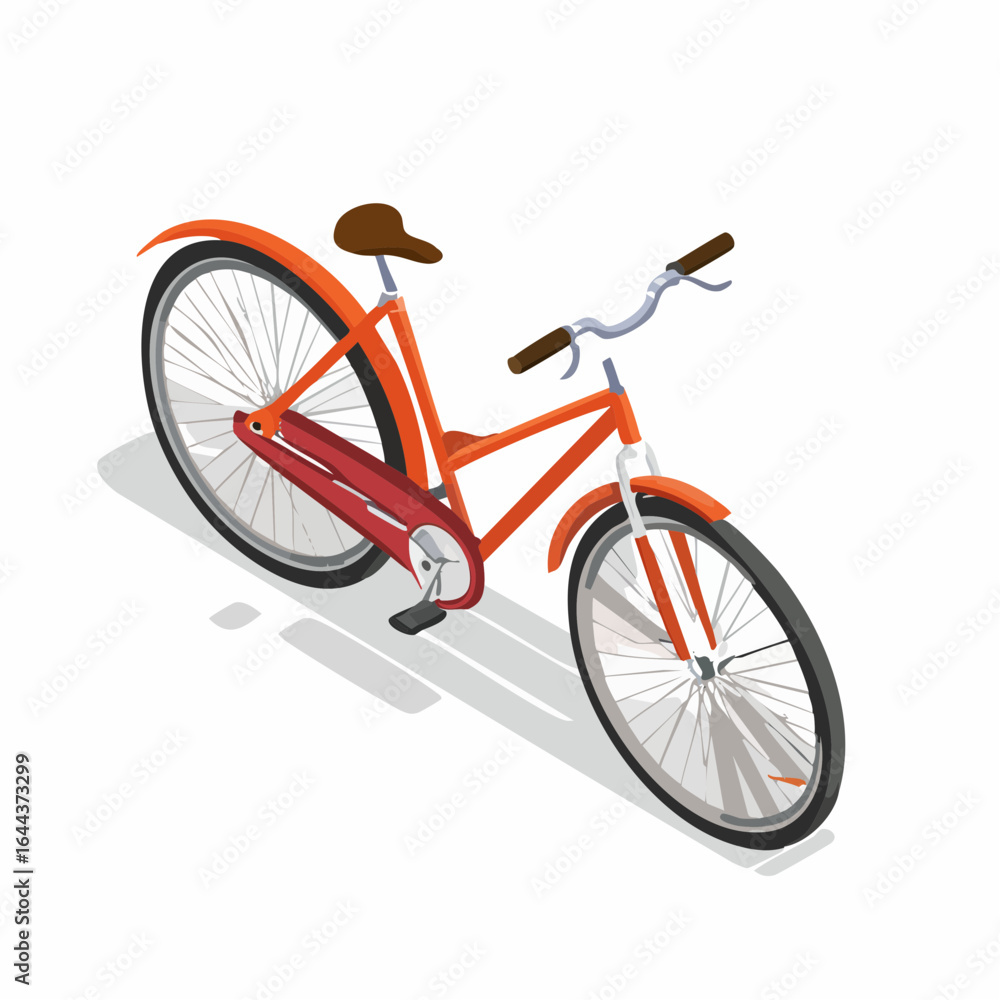 Fototapeta premium An isometric illustration of a red bicycle, showcasing its components and design, casting a shadow.
