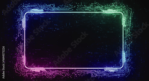 A glowing rectangular frame of intricate circuit board pathways with a vibrant neon gradient from magenta to green.