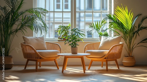 Sunlight streams into a room with wicker chairs, a small table, and lush plants