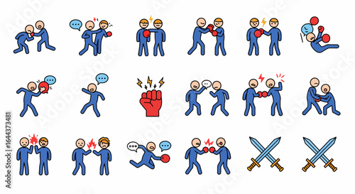 A Collection of Stylized Illustrations Depicting Physical Confrontations and Combat Scenarios Showcasing Various Poses and Actions