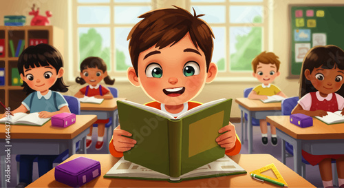 A diverse group of happy cartoon children studying together in a bright, colorful classroom.