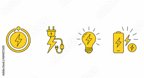 Collection of yellow lightning bolt icons representing energy power and electricity usage and generation concepts
