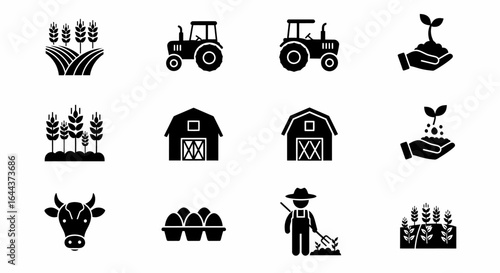 A Comprehensive Collection of Agricultural Icons Featuring Tractors Farms Crops Livestock and Farming Equipment for Visual Representation
