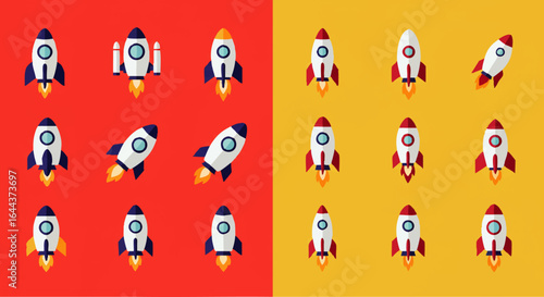 A collection of stylized flat design rocket ships with colorful fins, round portholes, and fiery exhaust plumes.