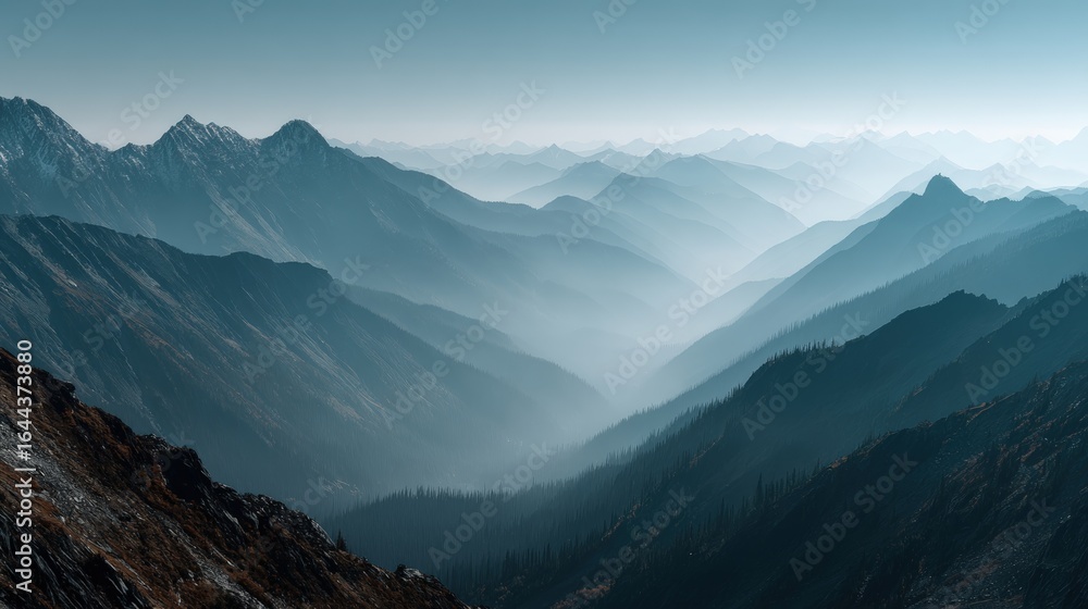 Fototapeta premium Breathtaking view of layered mountain ranges with misty atmosphere and distant peaks under cloudy sky showcasing natural rugged landscape scenery