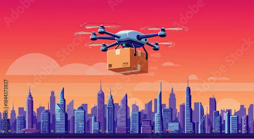 A blue hexacopter delivery drone with a camera, carrying a large cardboard box with its propellers in motion.