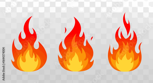 Three Stylized Flames with Warm Red Yellow and Orange Tones on a Transparent Background Featuring a Subtle Heat Aura Representing Intensity and Energy